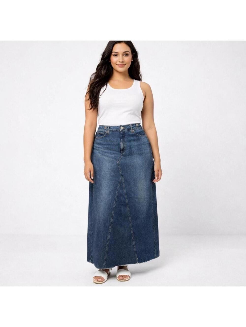 Denim Maxi Skirt Pockets Back Slit Cotton Size 12 Levi Strauss Signature